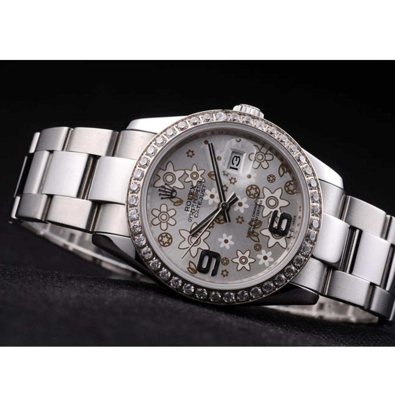 Best AAA Replica Sites Diamond Rolex Steel Datejust Flowers Plated rl305 Silver Dial Stainless 0524